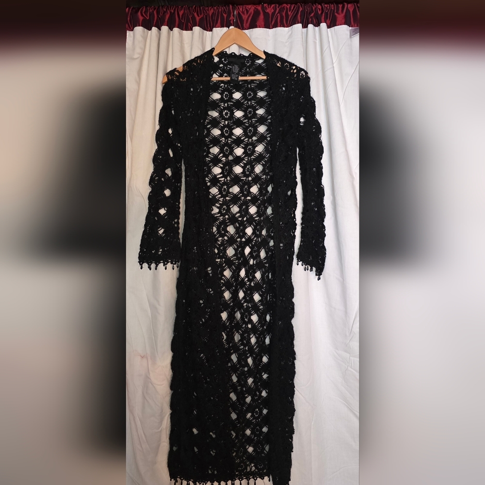 Guess Collection Long Black Open Front Crocheted Cardigan Sweater